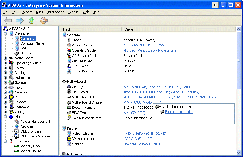 AIDA32 - Enterprise System Information Screenshot